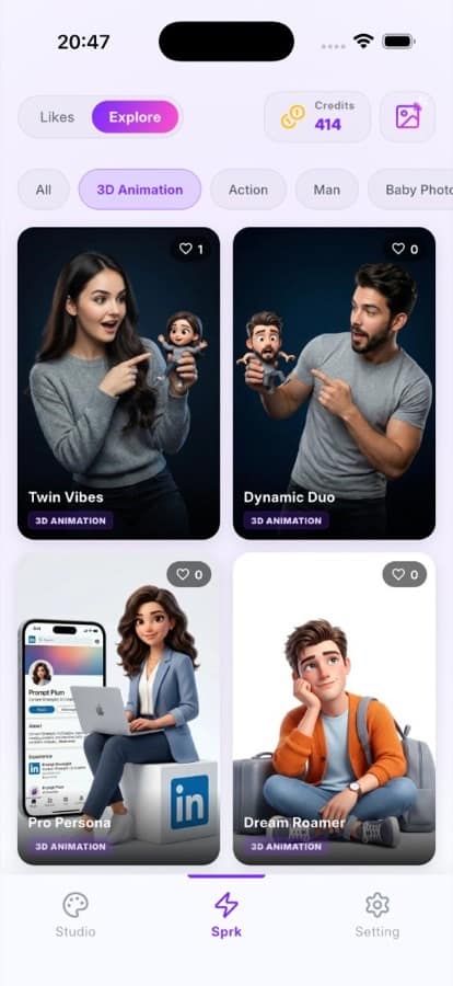 SnapAura Explore feed showing 3D Animation AI photo templates