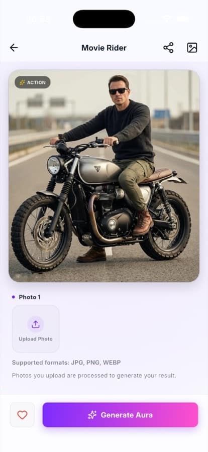 SnapAura Movie Rider template with Upload Photo and Generate Aura