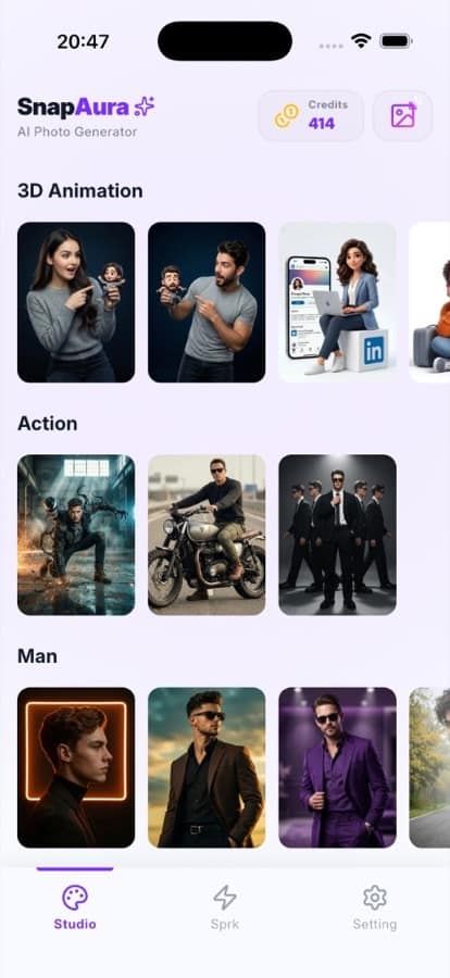 SnapAura Studio tab with horizontal style rows